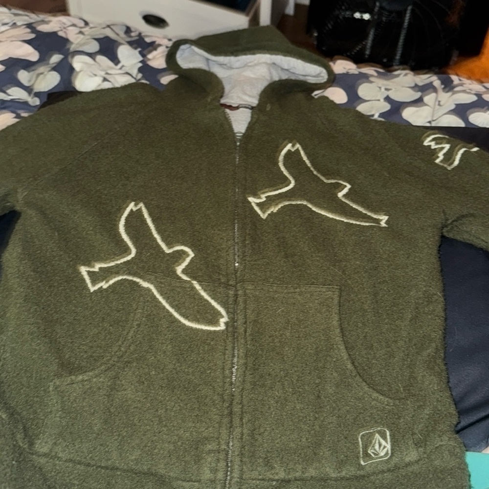 Volcom jacket. Zip up hoodie. Green outside, grey cotton inside. Size Large.